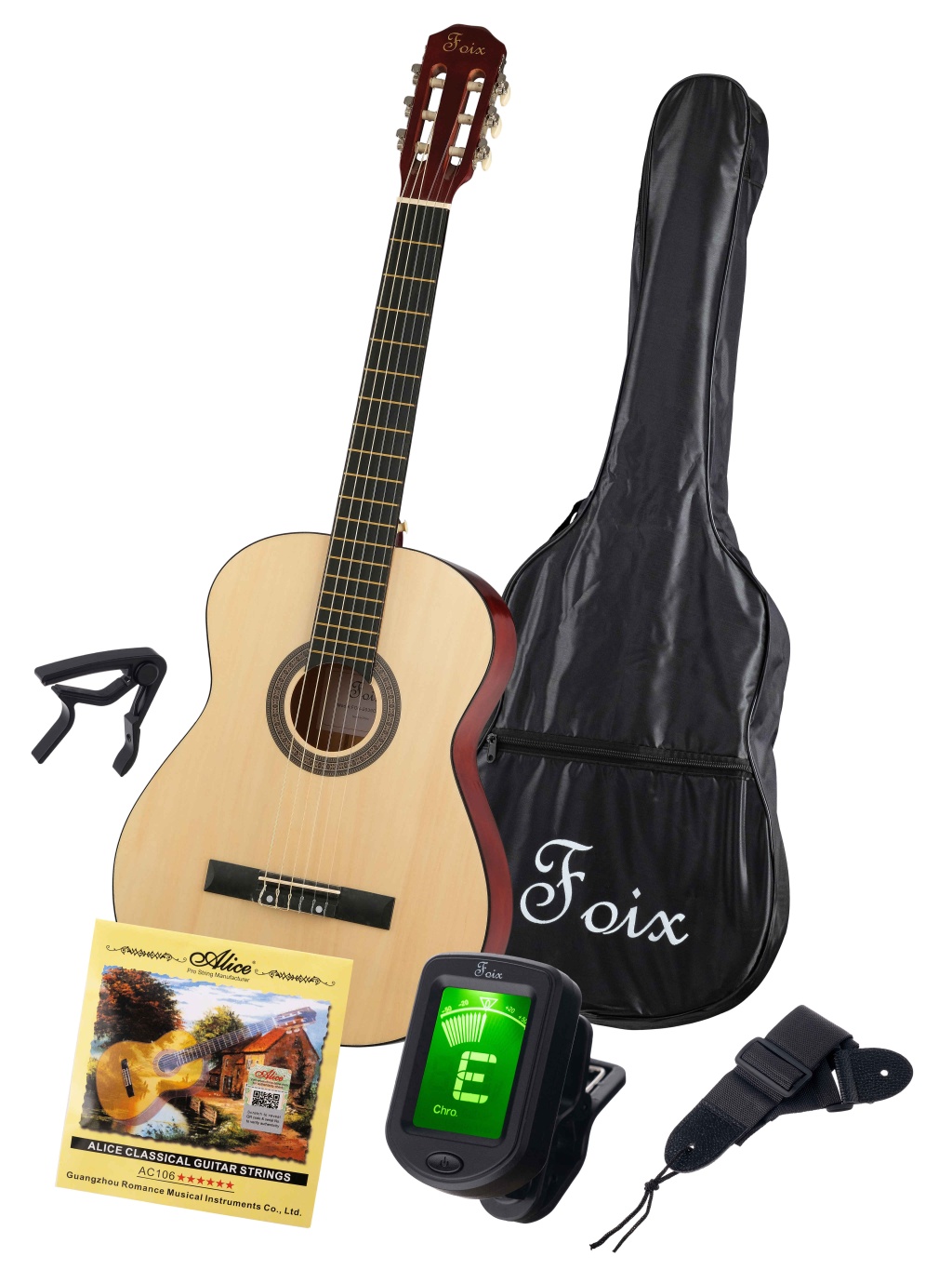 FCG-2039CAP-NA Классическая гитара с чехлом, ремнем, тюнером, цвет натуральный, Foix от магазина Соло в Иркутске