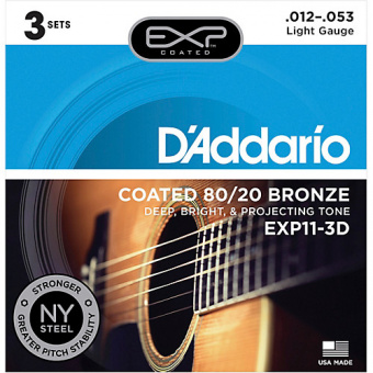 EXP11-3D Coated 80/20 Струны для акустической гитары, Light, 12-53, 3 комплекта,  D'Addario от магазина Соло в Иркутске
