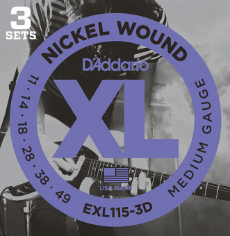 EXL115-3D Nickel Wound Струны для электрогитары, Medium/Blues-Jazz Rock, 11-49, 3 компл., D'Addario от магазина Соло в Иркутске