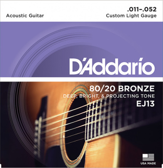 EJ13 BRONZE 80/20 Струны для акустической гитары бронза Custom Light 11-52 D`Addario от магазина Соло в Иркутске