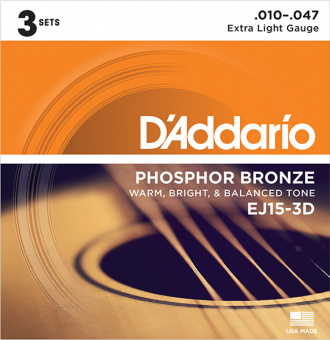 EJ15-3D PHOSPHOR BRONZE Коробка из 3 компл. струн  для акуст. гитары Extra Light 10-47 D`Addario от магазина Соло в Иркутске
