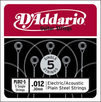 PL012-5 Plain Steel Отдельная стальная струна без обмотки 012, 5шт, D`Addario от магазина Соло в Иркутске