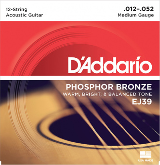 EJ39 Phosphor Bronze Комплект струн для акустической 12-струнной гитары, Medium, 12-52, D'Addario от магазина Соло в Иркутске