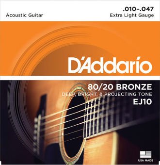 EJ10 BRONZE 80/20 Струны для акустической гитары бронза Extra Light 10-47 D`Addario от магазина Соло в Иркутске