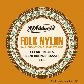 EJ33 Folk Nylon Комплект струн для акустической гитары, шарик на конце, нейлон/брон 80/20, D'Addario от магазина Соло в Иркутске