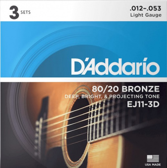 EJ11-3D Bronze 80/20 Струны для акустической гитары, бронза, 12-53, 3 комплекта, D'Addario от магазина Соло в Иркутске
