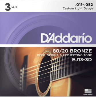 EJ13-3D Bronze 80/20 Струны для акустической гитары, бронза, 11-52, 3 комплекта, D'Addario от магазина Соло в Иркутске