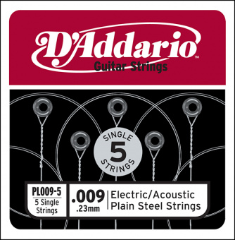 PL009-5 Plain Steel Отдельная стальная струна без обмотки 009, 5шт, D`Addario от магазина Соло в Иркутске