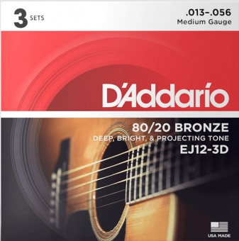 EJ12-3D Bronze 80/20 Струны для акустической гитары, бронза, 13-56, 3 комплекта, D'Addario от магазина Соло в Иркутске