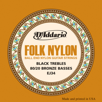 EJ34 Folk Nylon Струны для фолк гитары, шарики на концах, 80/20 бронза/черный нейлон, D'Addario от магазина Соло в Иркутске