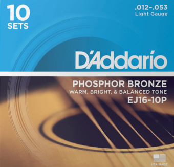 EJ16-10P Phosphor Bronze Струны для акустической гитары фосф.бронза, 10 комплектов, 12-53, D'Addario от магазина Соло в Иркутске