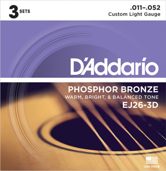EJ26-3D Phosphor Bronze Струны для акустической гитары, Custom Light, 11-52, 3 комплекта, D'Addario от магазина Соло в Иркутске