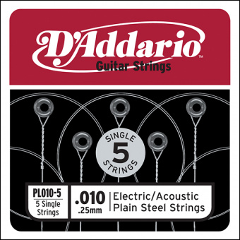 PL010-5 Plain Steel Отдельная стальная струна без обмотки 010, 5шт, D`Addario от магазина Соло в Иркутске