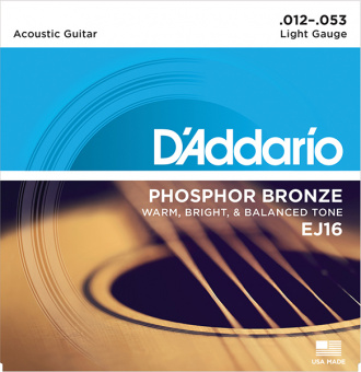 EJ16 PHOSPHOR BRONZE Струны для акустической гитары фосфорная бронза Light 12-53 D`Addario от магазина Соло в Иркутске