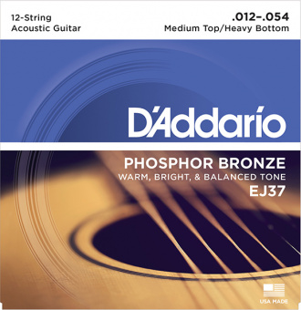 EJ37 Phosphor Bronze Комплект струн для 12-струнной гитары, ф/бр, M.Top/H.Bottom, 12-54, D'Addario от магазина Соло в Иркутске