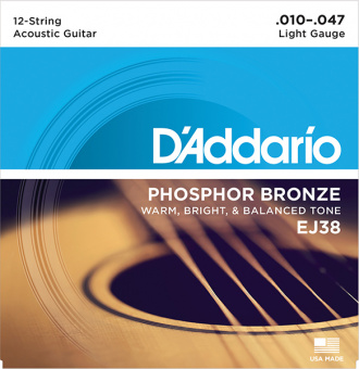 EJ38 Phosphor Bronze Комплект струн для акустической 12-струнной гитары, Light, 10-47, D'Addario от магазина Соло в Иркутске