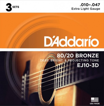 EJ10-3D Bronze 80/20 Струны для акустической гитары, бронза, 10-47, 3 комплекта, D'Addario от магазина Соло в Иркутске
