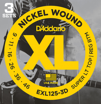 EXL125-3D Nickel Wound Струны для электрогитары, SuperLightTop/Regular Bottom 9-46, 3компл D'Addario от магазина Соло в Иркутске