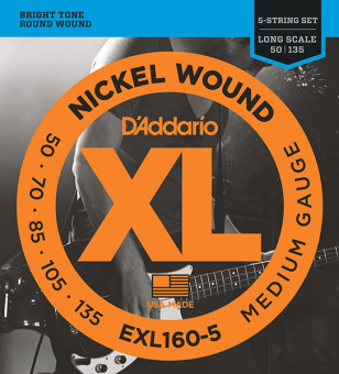 EXL160-5 XL NICKEL WOUND Струны для 5-струнной бас-гитары 5-string Long Medium 50-135 D`Addario от магазина Соло в Иркутске